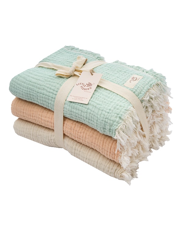 Little Fishies Gauze Receiving Blanket Set – 3 Pack – Natural / Beige / Warm Taupe
