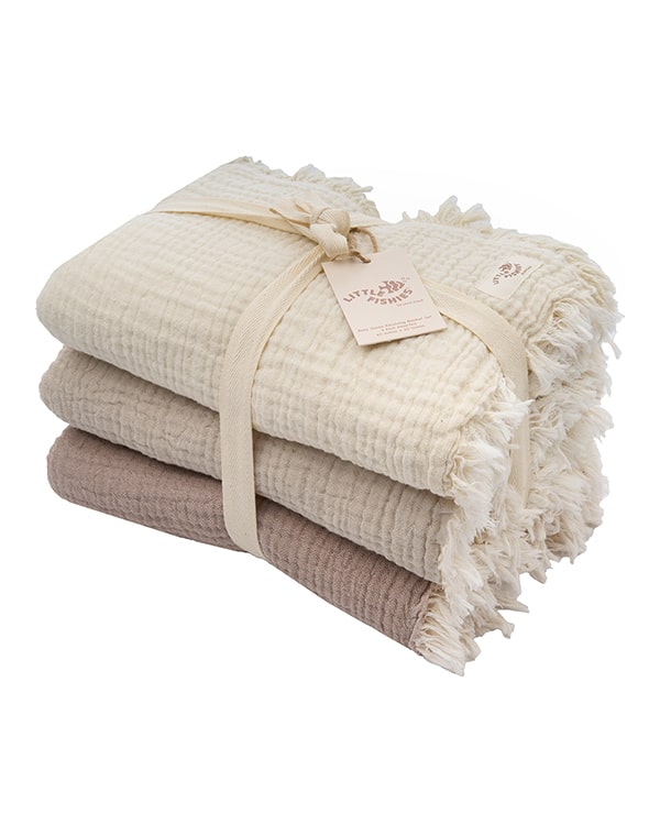 Little Fishies Gauze Receiving Blanket Set – 3 Pack – Natural / Beige / Warm Taupe