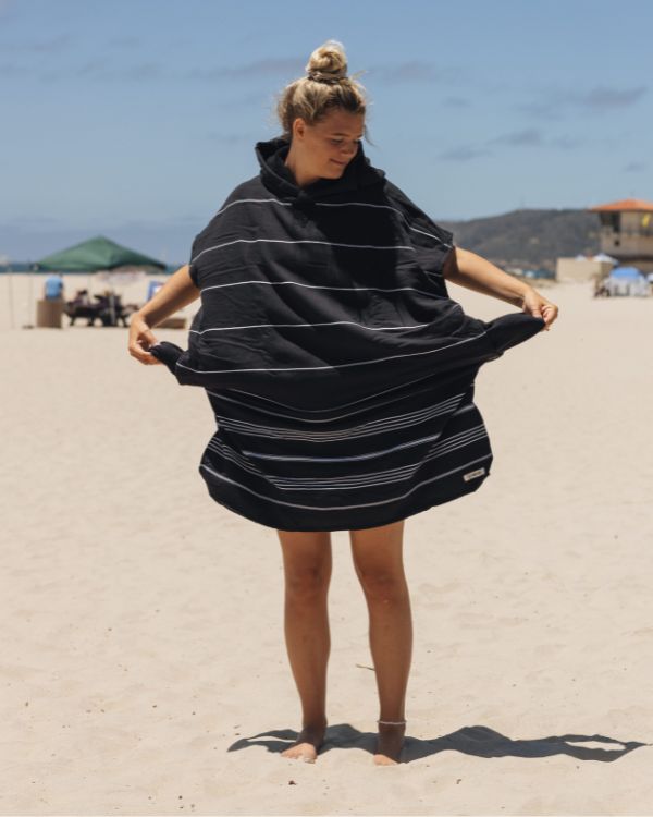 Classic Stripe Hooded Poncho Black