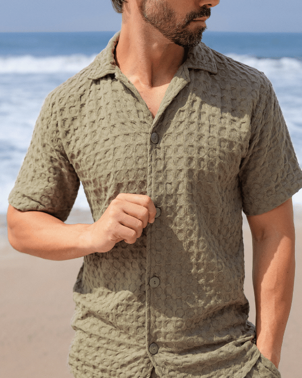 Orb Button Down Waffle Shirt – Sand – Mens