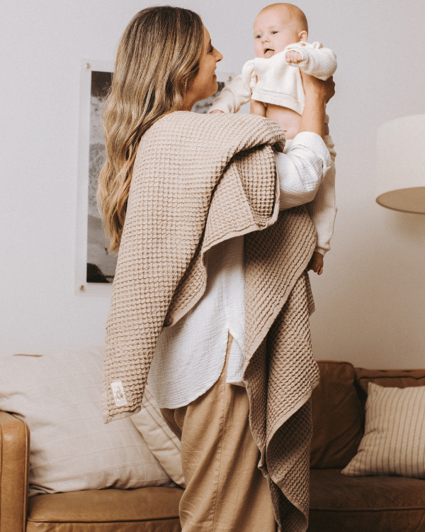 Little Fishies Waffle Blanket – Warm Taupe